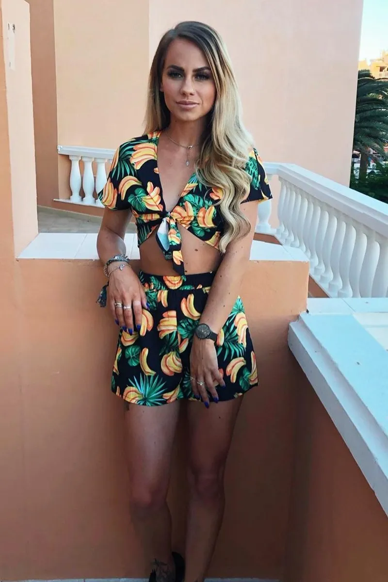 Black Tropical Print Crop Top and Shorts Co-ord - Olivia