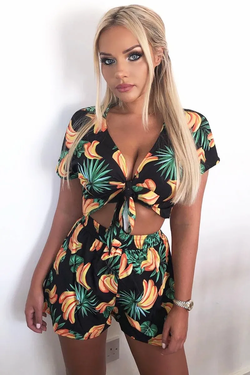 Black Tropical Print Crop Top and Shorts Co-ord - Olivia