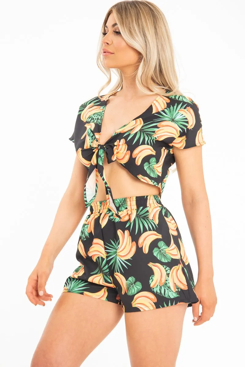 Black Tropical Print Crop Top and Shorts Co-ord - Olivia