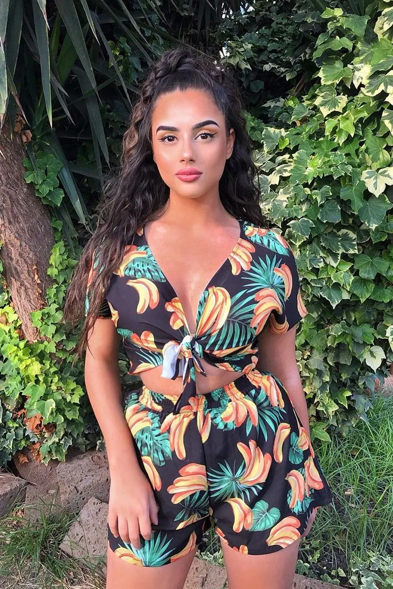 Black Tropical Print Crop Top and Shorts Co-ord - Olivia