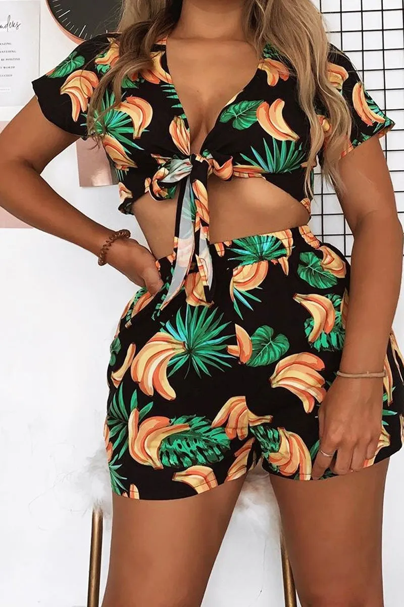 Black Tropical Print Crop Top and Shorts Co-ord - Olivia