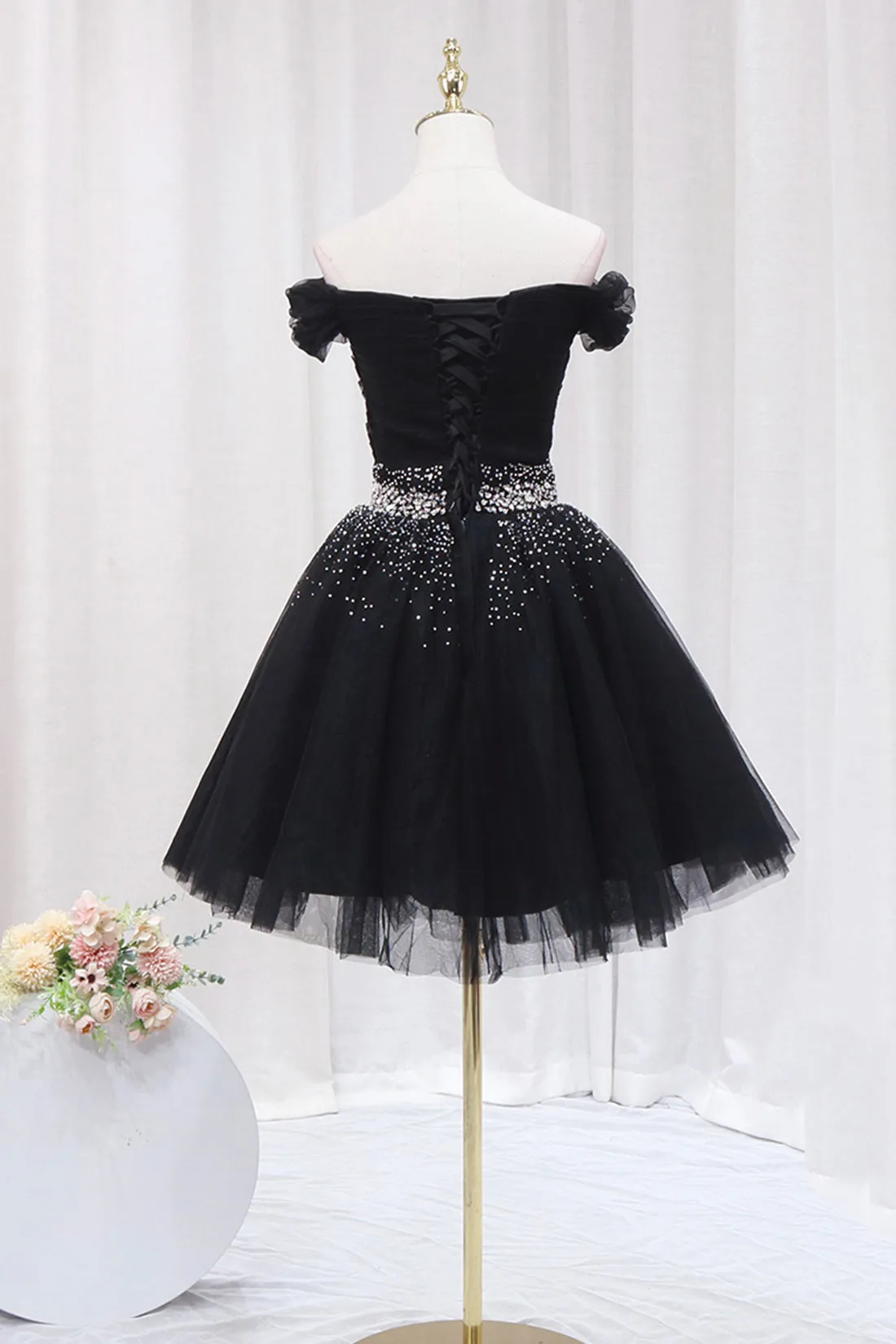 Black Tulle Beaded Short Prom Dress, Off Shoulder Evening Party Dress