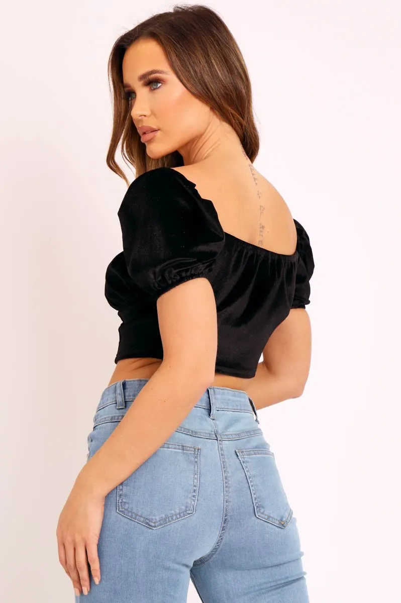 Black Velvet Puff Sleeve Milkmaid Crop Top - Erina