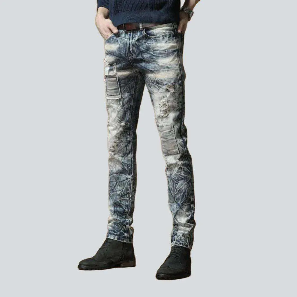 Bleach wash embroidery men jeans