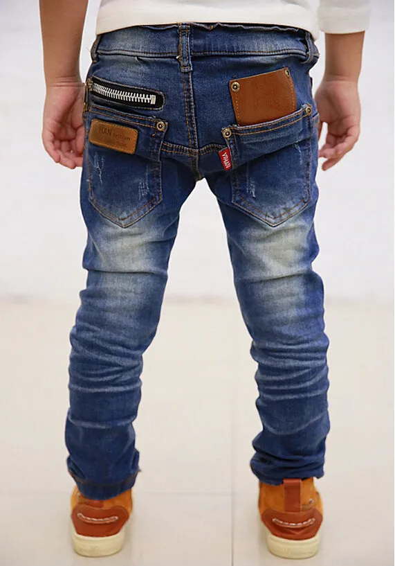 Blue Skinny Jeans Boys Leather Pocket Decor