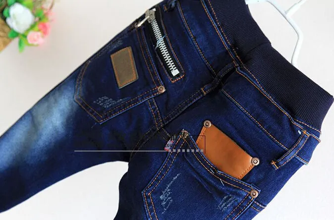 Blue Skinny Jeans Boys Leather Pocket Decor