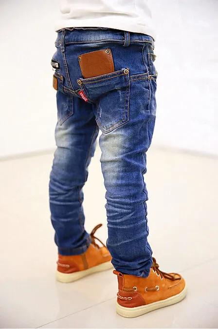 Blue Skinny Jeans Boys Leather Pocket Decor