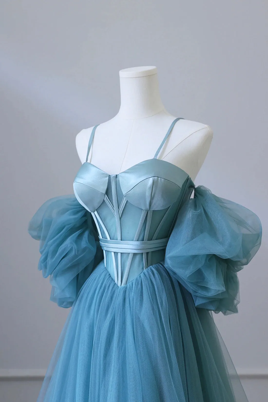 Blue Tulle Long Spaghetti Strap Prom Dress and Corset, Detachable off Shoulder Party Dress