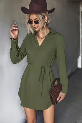 Boho Belted Johnny Collar High-Low Shirt Dress