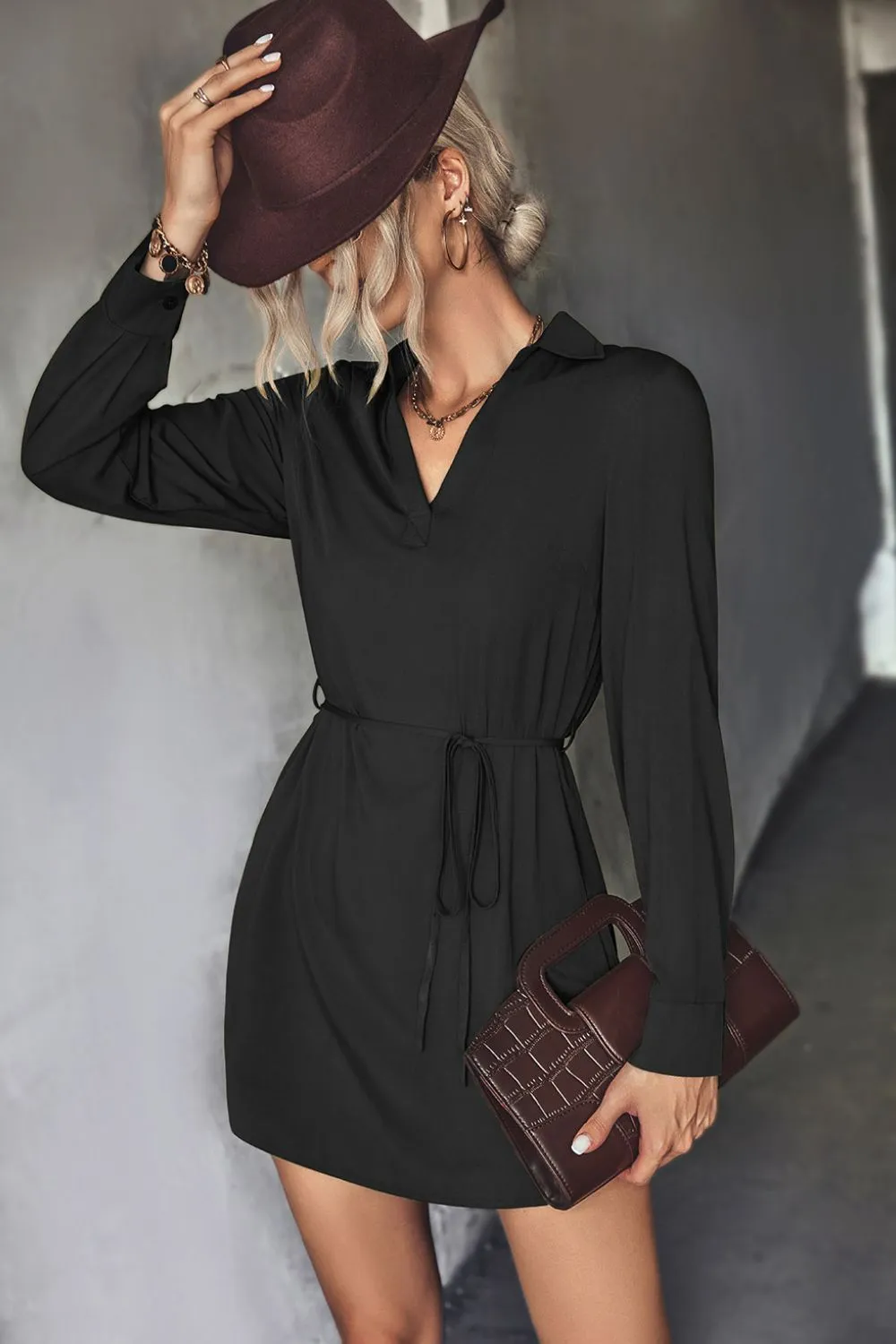 Boho Belted Johnny Collar High-Low Shirt Dress