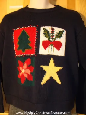 Bold Tacky Ugly Christmas Sweater with Tree, Ivy, Poinsettia, and Star (f755)