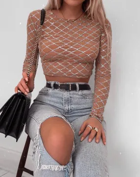 Bonnie Crop Top in Cross Linked Glitter Net Tan