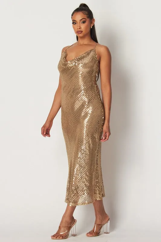 Bria Sequin Cowl Neck Slip Midi Dress - Gold