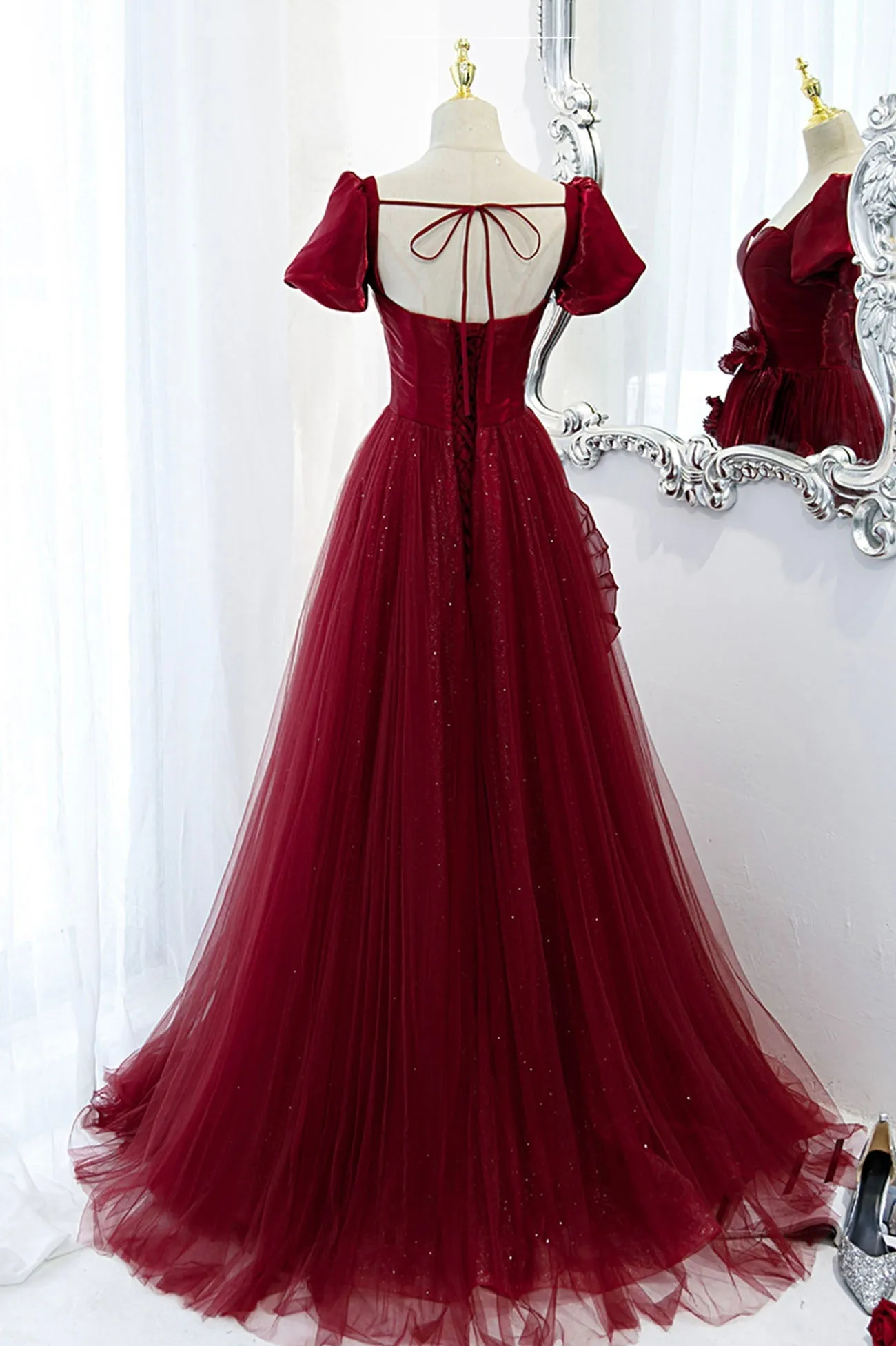 Burgundy Satin Tulle Long Prom Dress, A-Line Short Sleeve Evening Party Dress