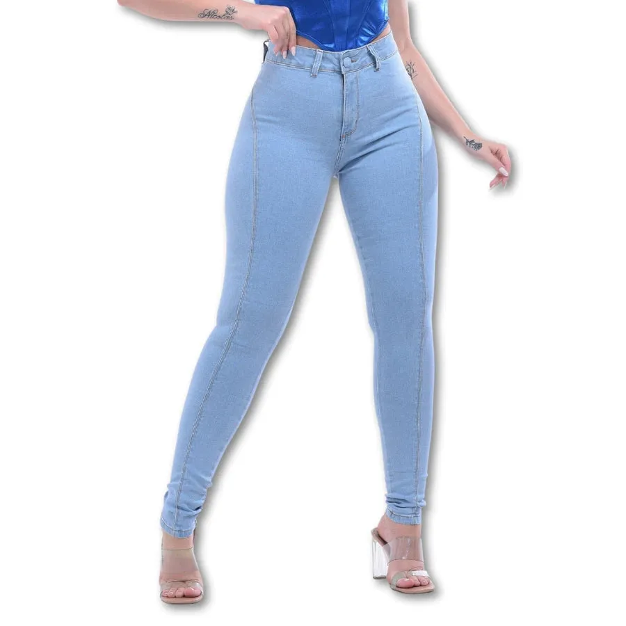 Calça Jeans Feminina Skinny Levanta Bumbum Com Lycra Cintura Alta Sem Bolso