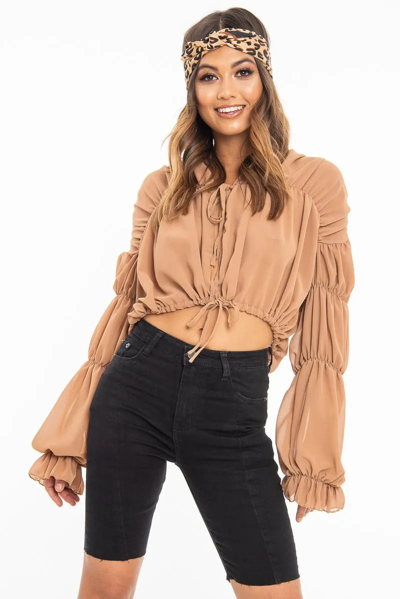 Camel Chiffon Balloon Sleeve Crop Tie Front Blouse - Amelia