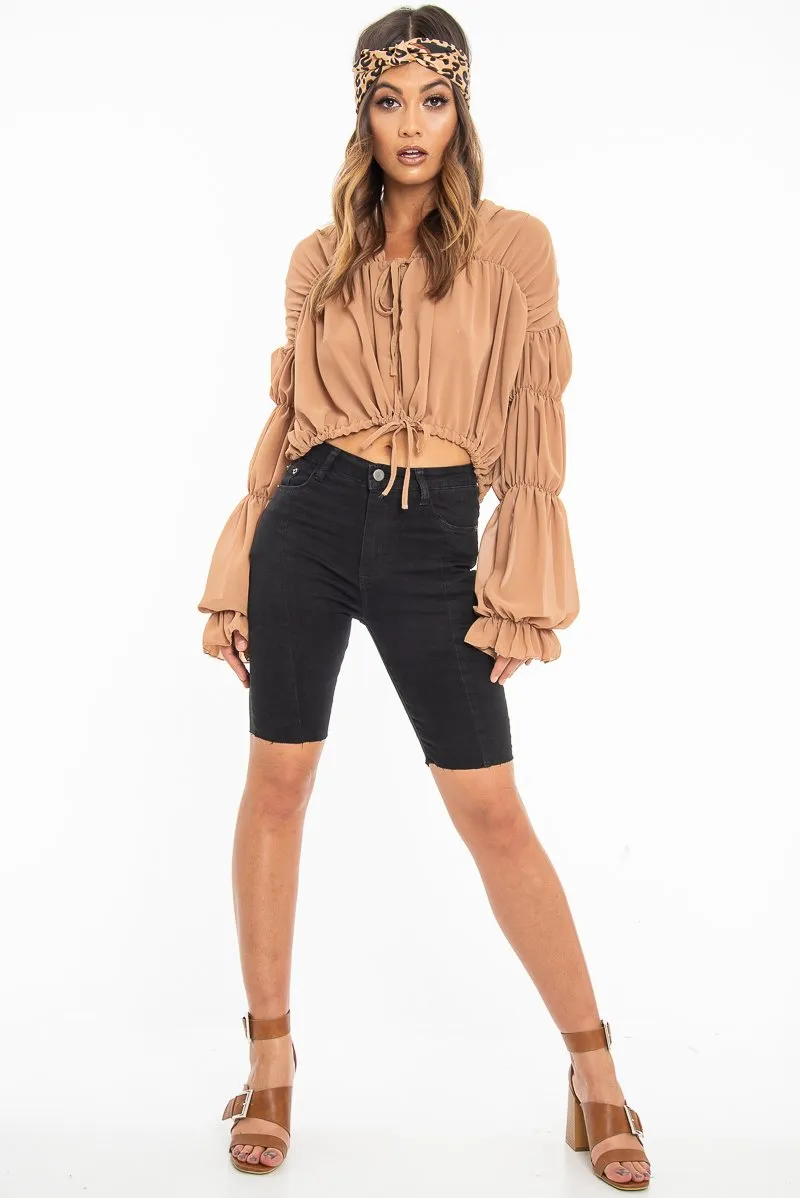 Camel Chiffon Balloon Sleeve Crop Tie Front Blouse - Amelia