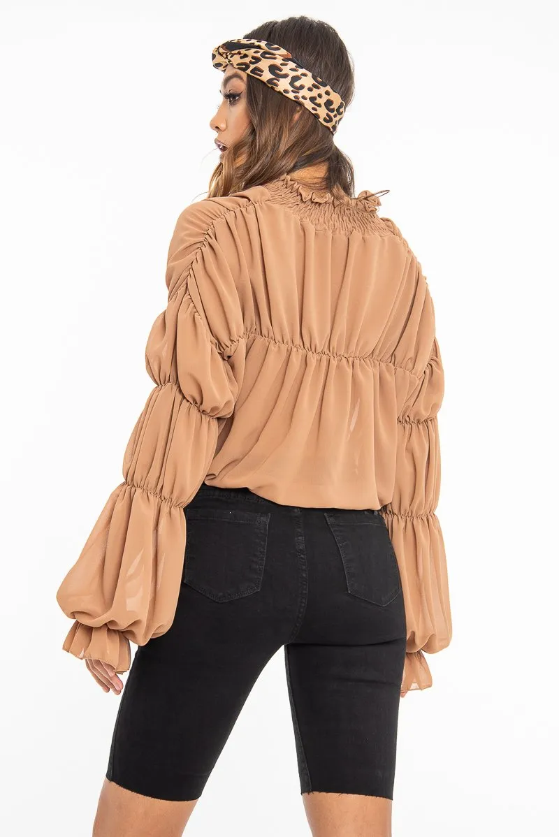 Camel Chiffon Balloon Sleeve Crop Tie Front Blouse - Amelia