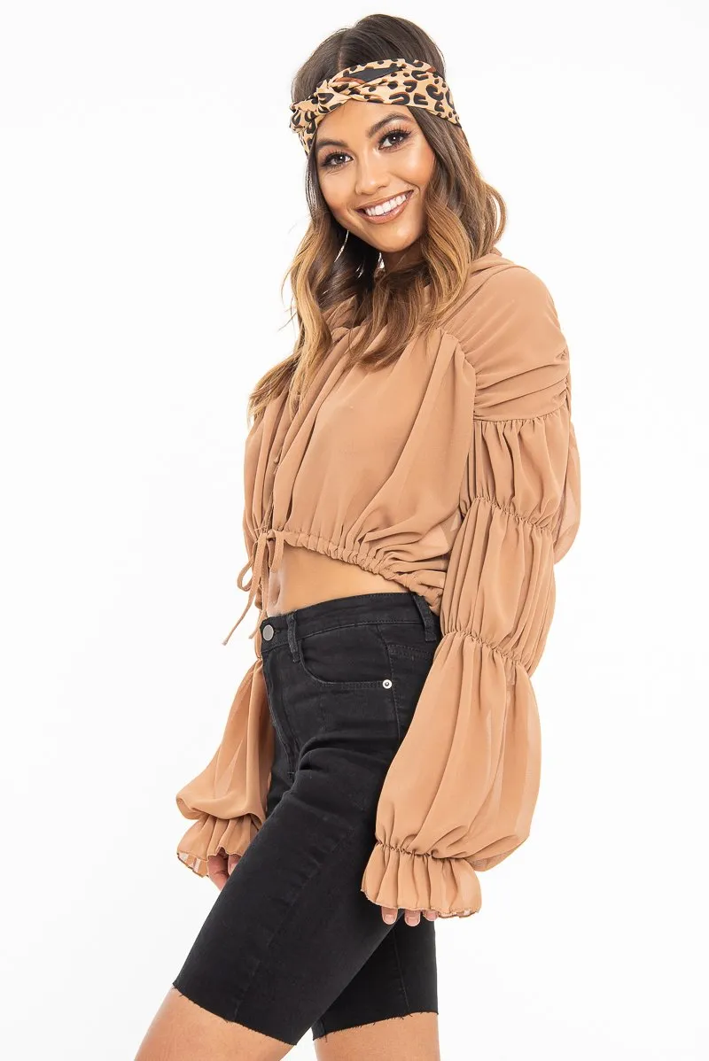 Camel Chiffon Balloon Sleeve Crop Tie Front Blouse - Amelia