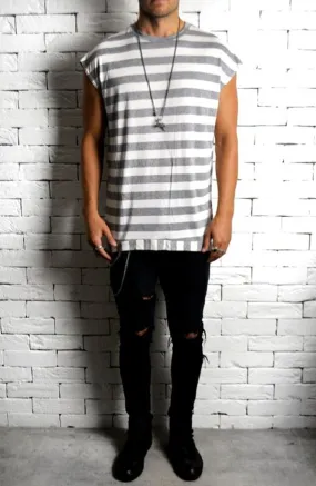 Cap Sleeve T-Shirt - Grey/White Stripe