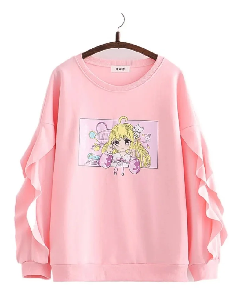 Cartoon Print Harakuju Women Sweatshirts Winter Long Sleeve Ruffes Patchwork Pullovers Sweet Style Female Kawaii Cute Tops