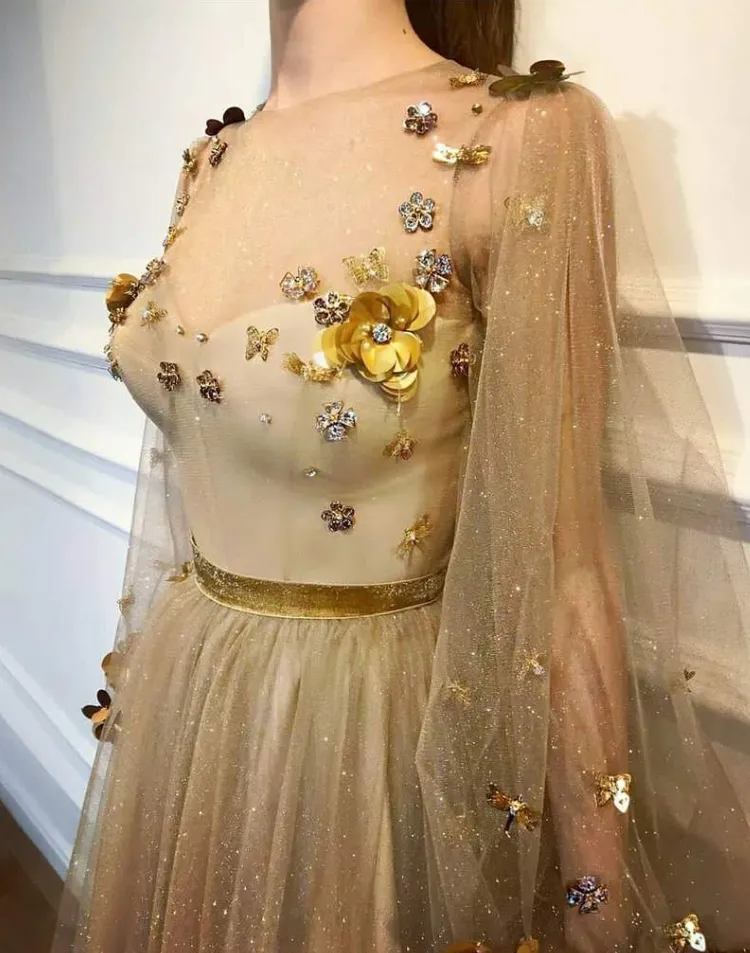 Chic Prom Dresses,A-Line Prom Dress,Scoop Prom Dresses,Long Sleeve Prom Dress,Gold Prom Dresses,Long Prom Dress    fg1802