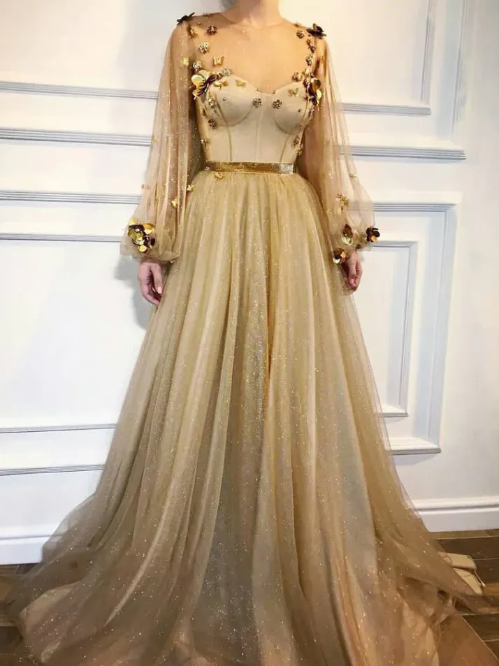 Chic Prom Dresses,A-Line Prom Dress,Scoop Prom Dresses,Long Sleeve Prom Dress,Gold Prom Dresses,Long Prom Dress    fg1802