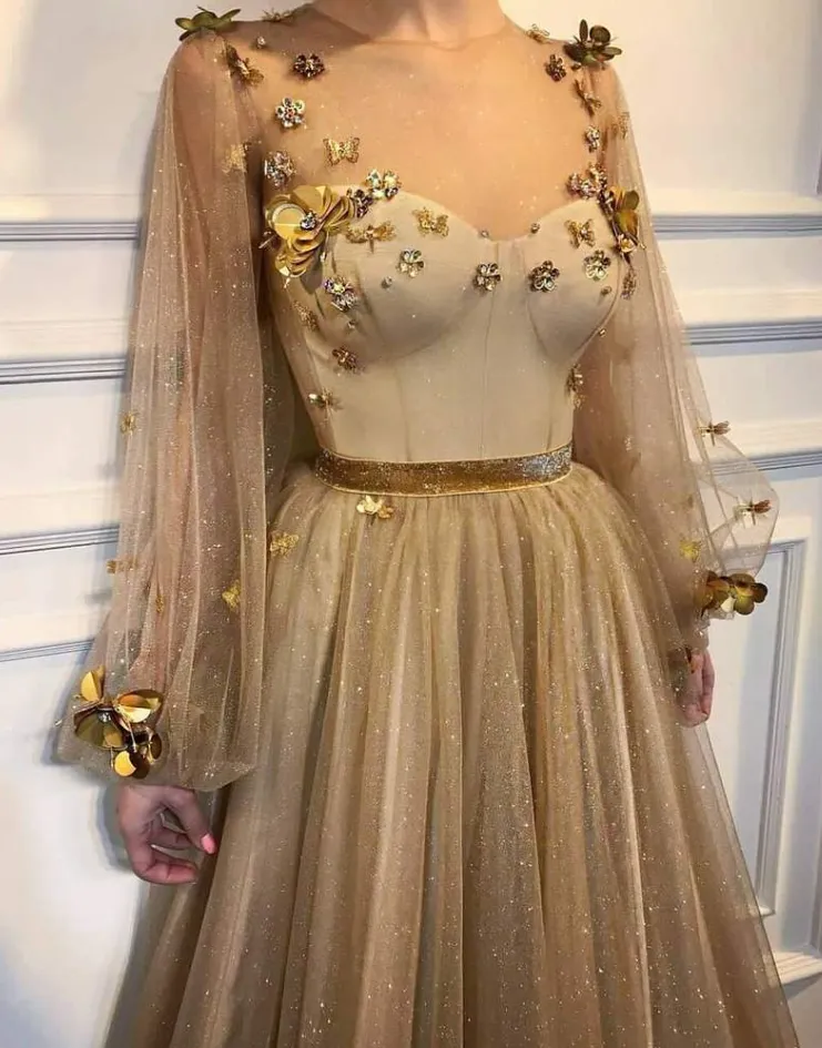 Chic Prom Dresses,A-Line Prom Dress,Scoop Prom Dresses,Long Sleeve Prom Dress,Gold Prom Dresses,Long Prom Dress    fg1802