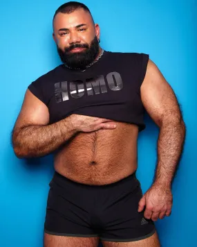 Chunky HOMO, metallic grey on black - mens sleeveless crop top.