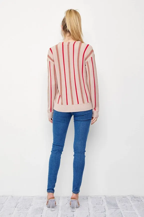 Classic Pinstripe Knit Cardigan BEIGE/RED