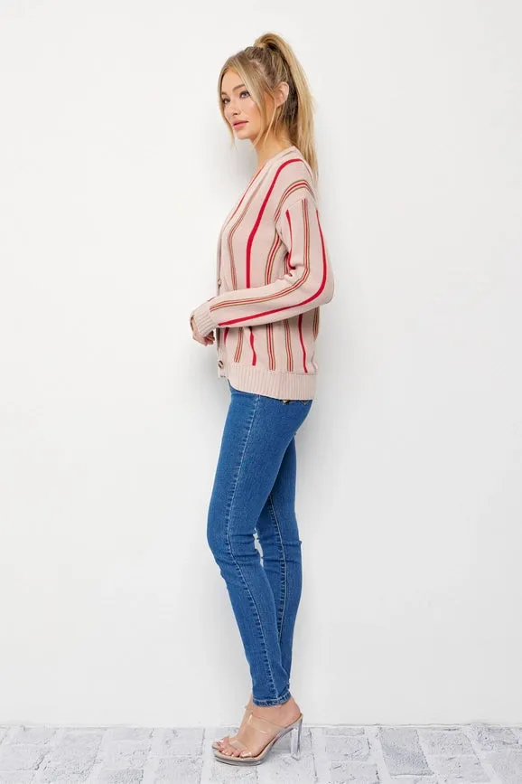 Classic Pinstripe Knit Cardigan BEIGE/RED