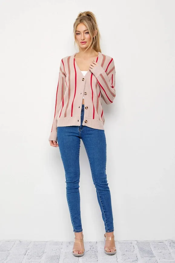 Classic Pinstripe Knit Cardigan BEIGE/RED