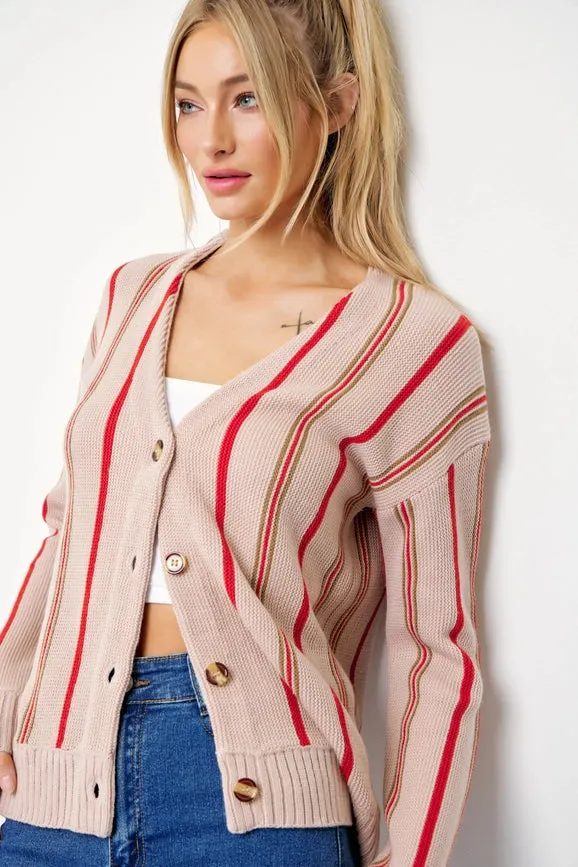 Classic Pinstripe Knit Cardigan BEIGE/RED