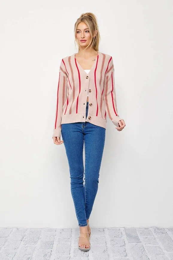 Classic Pinstripe Knit Cardigan BEIGE/RED