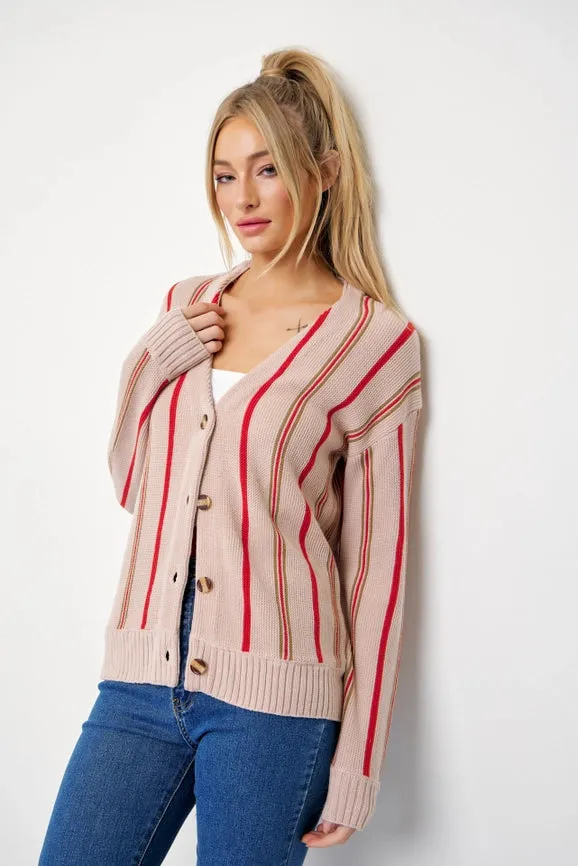 Classic Pinstripe Knit Cardigan BEIGE/RED