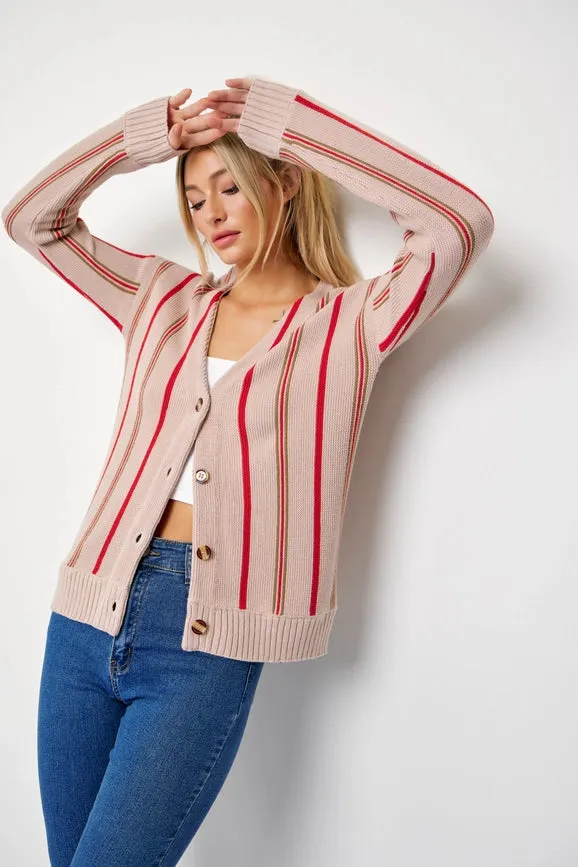 Classic Pinstripe Knit Cardigan BEIGE/RED