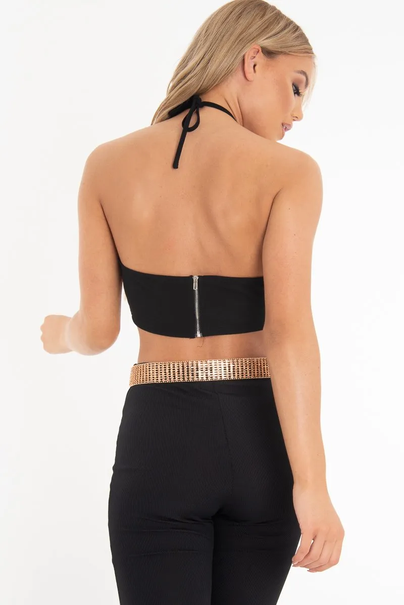 Copper Sequin Halter Neck Split Front Crop Top - Reese