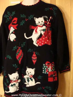 Crazy Cat Lady Alert! Tacky Holiday Sweater with Festive Cats / Kittens Getting into the Decorations  (f1059)