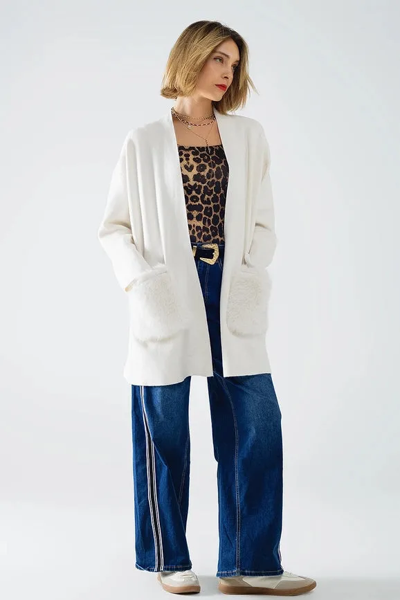 Cream High Quality Knitted Maxi Cardigan with Fur Pockets