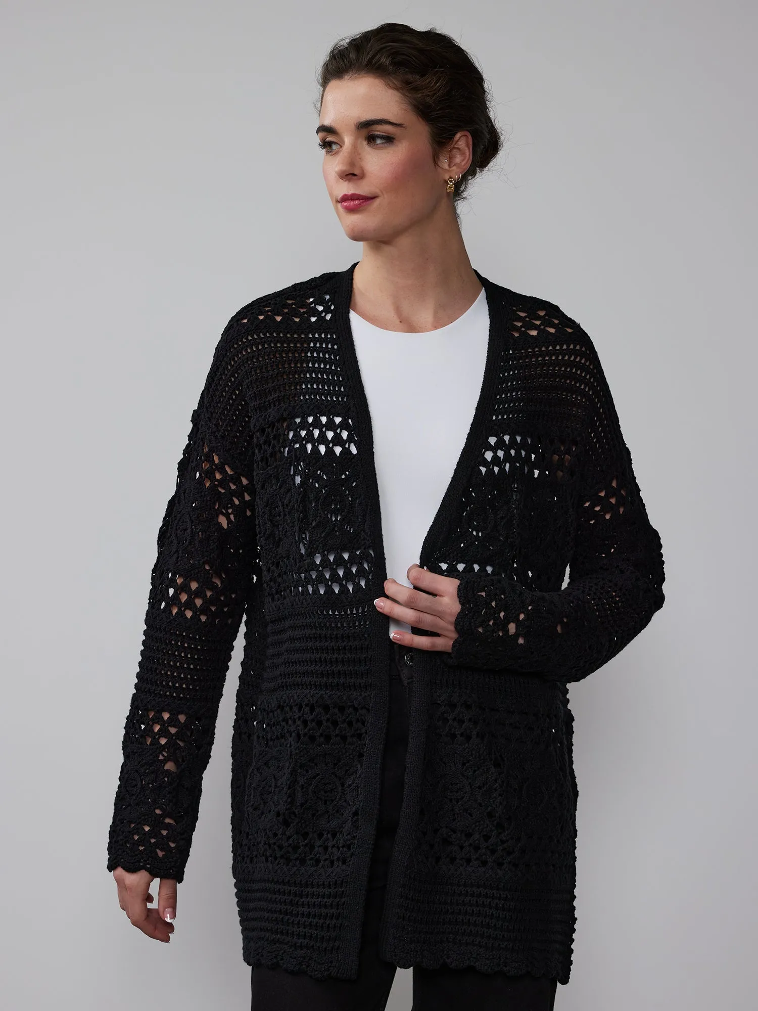 Crochet Open Front Long Cardigan