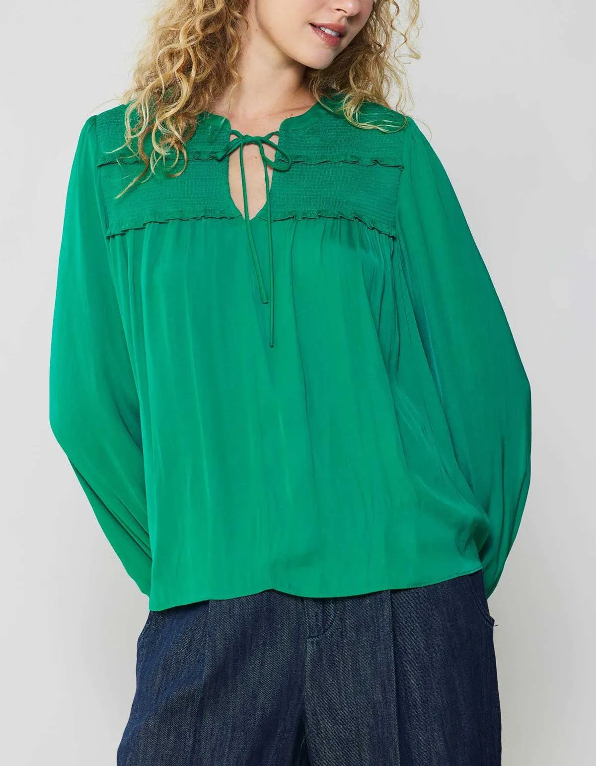 Current Air Smocked Yoke Tie Blouse