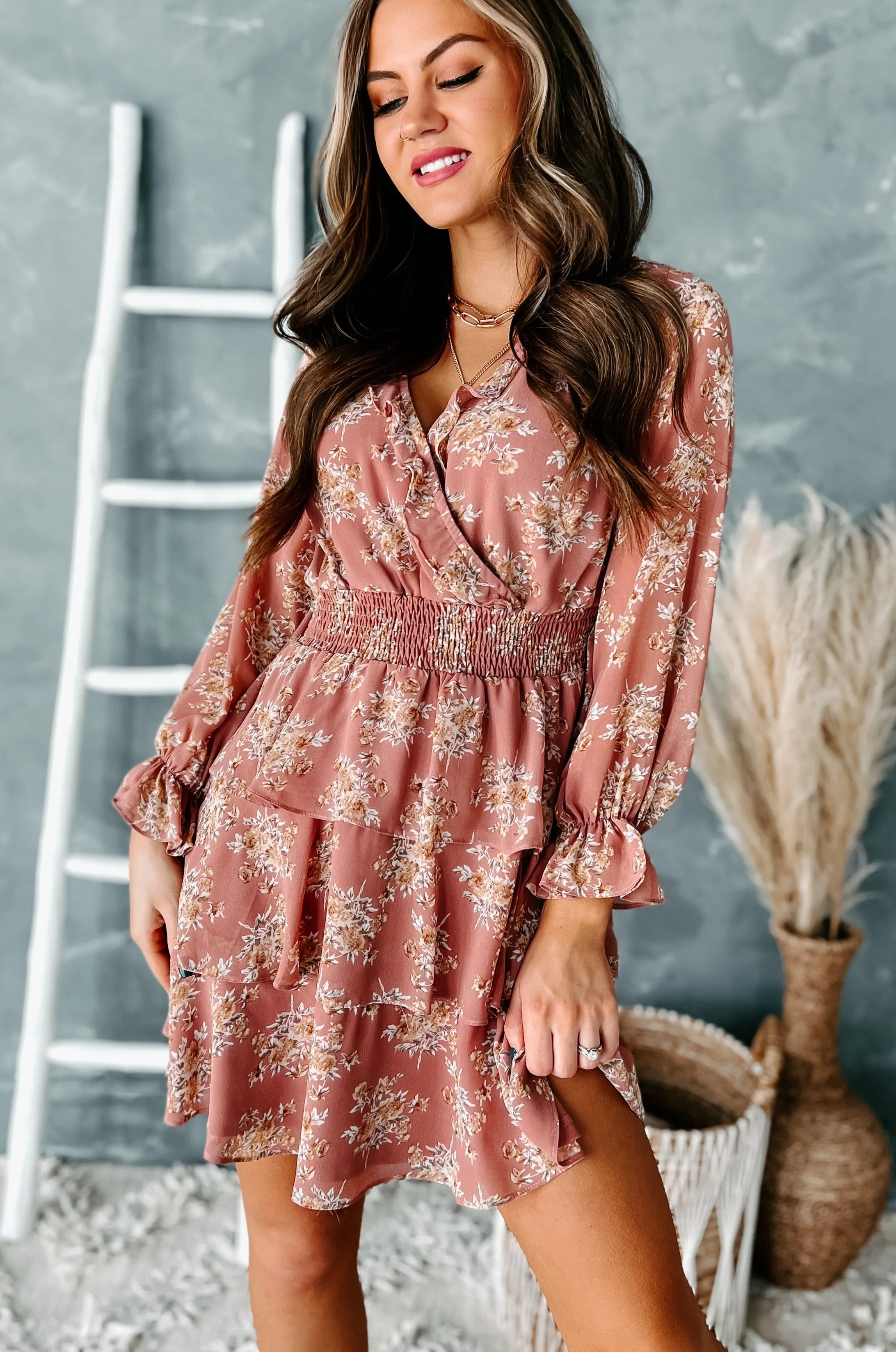 Delaney Tiered Floral Mini Dress (Dusty Rose)