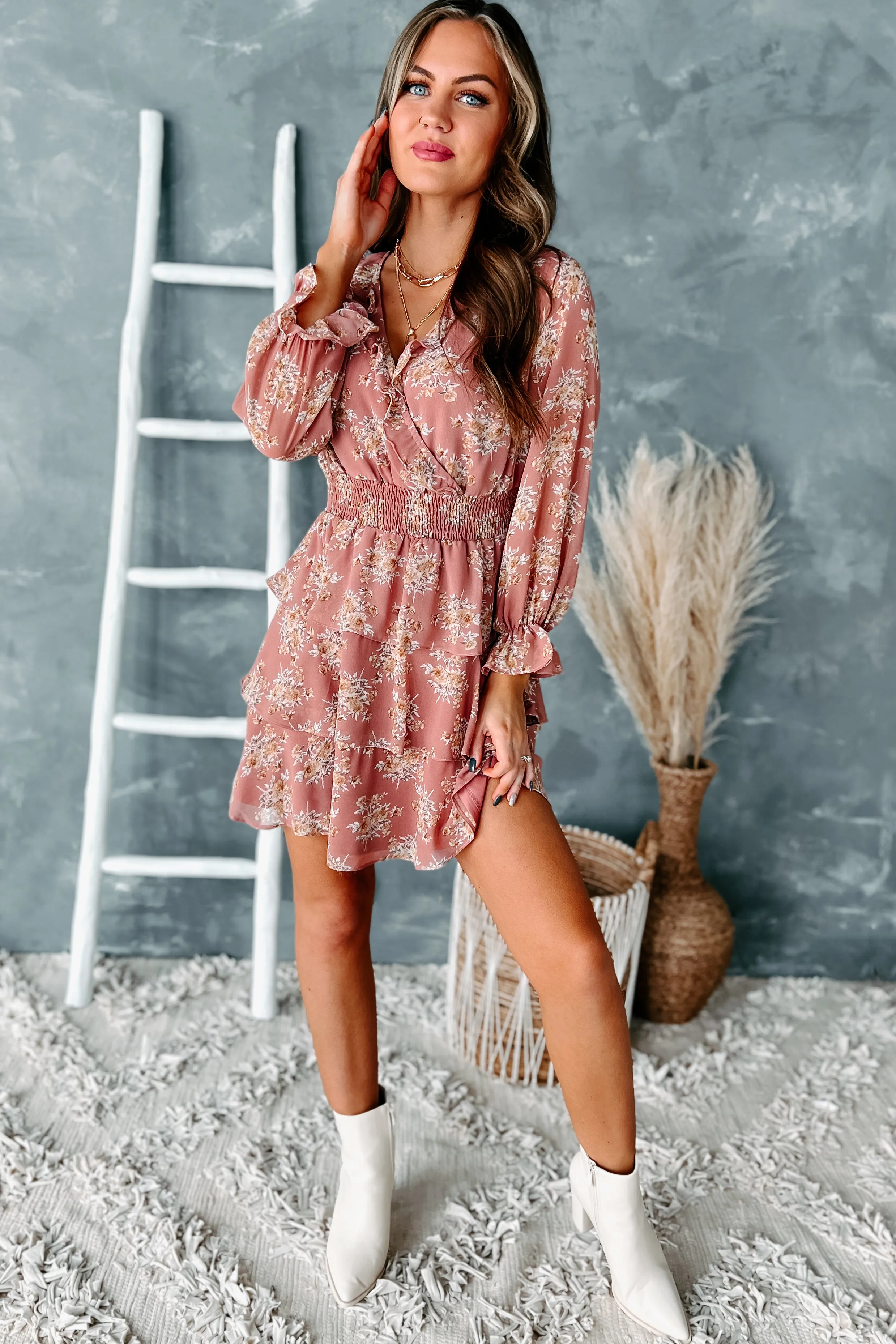 Delaney Tiered Floral Mini Dress (Dusty Rose)