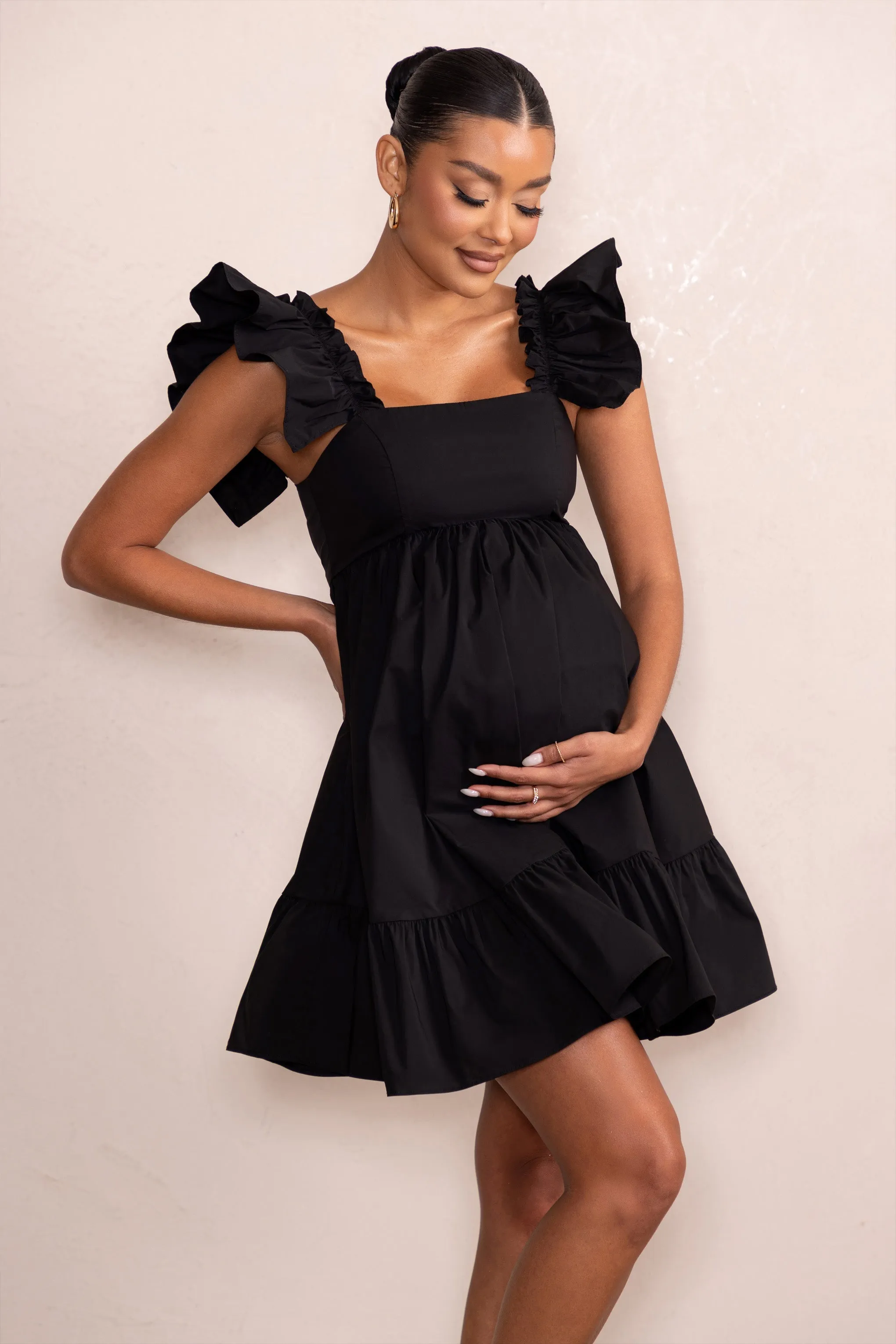 Dolly Daze | Black Maternity Ruffle Mini Dress