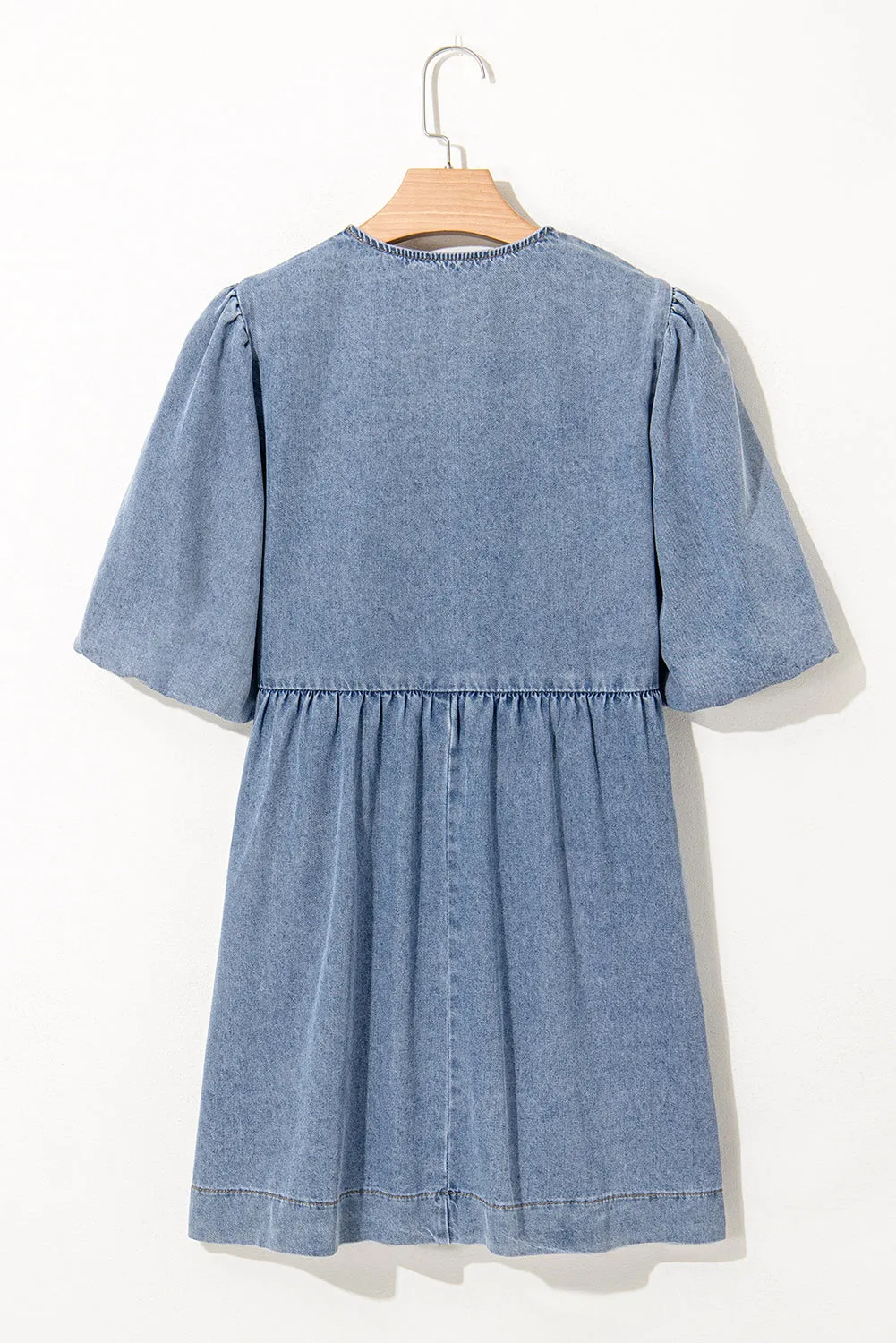 Dusk Blue Bowknot Bubble Sleeve Short Denim Dress