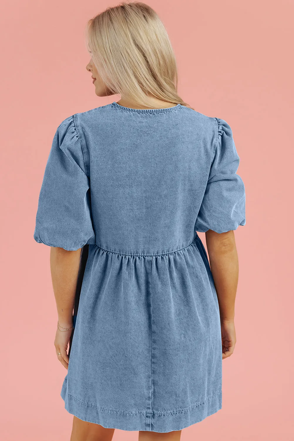 Dusk Blue Bowknot Bubble Sleeve Short Denim Dress