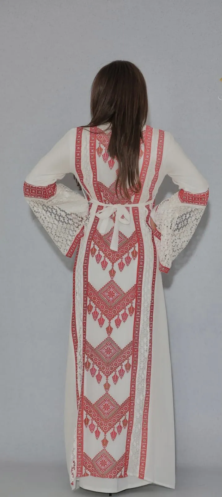 Elegant 2 Pieces White and Red Palestinian Embroidered Dress