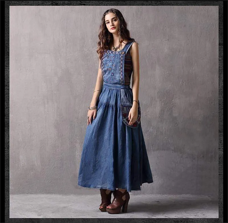 Elegant Embroidered Denim Overall Dress