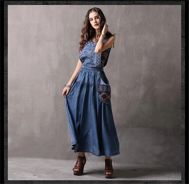 Elegant Embroidered Denim Overall Dress