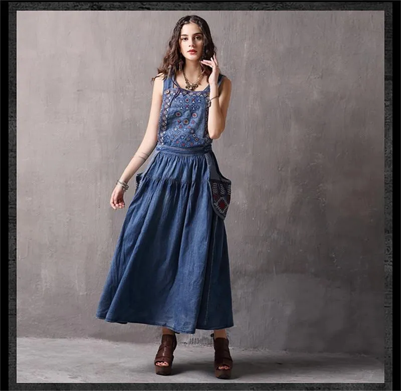 Elegant Embroidered Denim Overall Dress